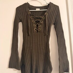 Olive Green Ribbed Knit Lace-Up Top with Bell Sleeves – Boho Grunge Tunic